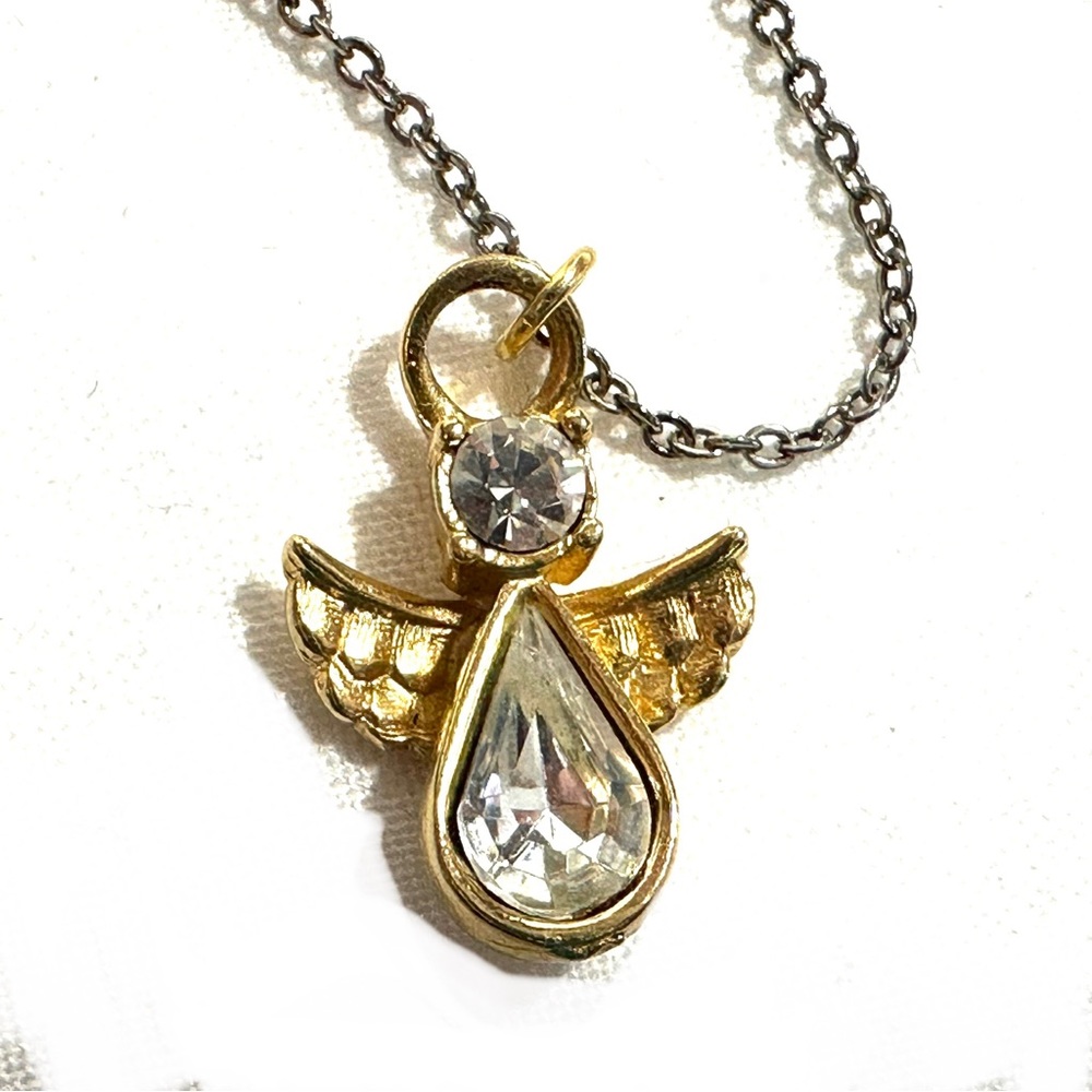 Vintage DM 95 Gold Tone & Crystal Guardian Angel Charm Necklace 18” Chain